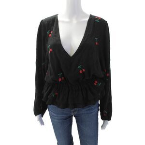 McGuire Womens Cherry Print V Neck Long Sleeves Blouse Black Red Size Large